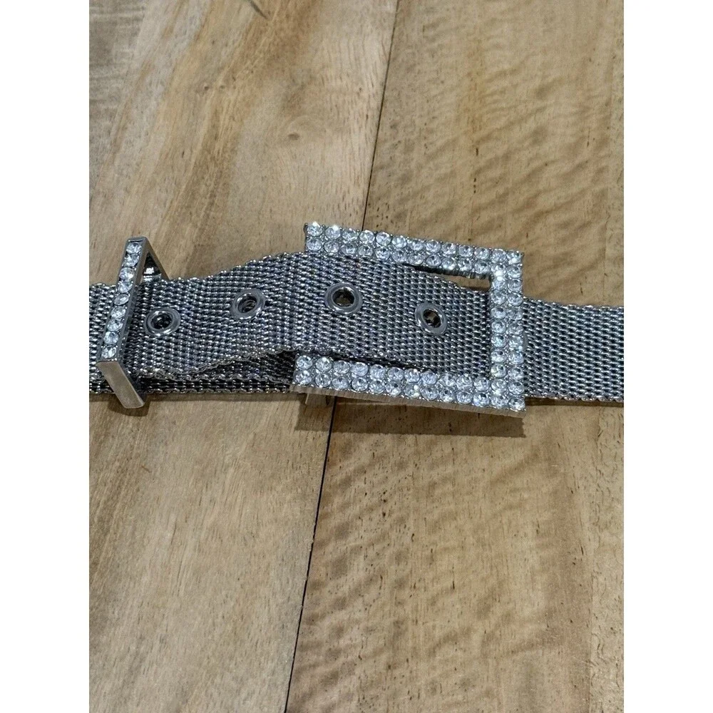 Vintage Mesh Belt Silver Tone Rhinestone Buckle Size Small- Medium Belt